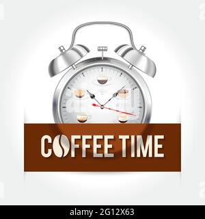 Coffee Time concept. Alarm clock with a brown information banner. Stock Vector
