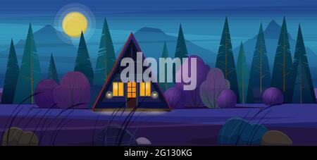 Night landscape with wooden timber frame house Stock Vector