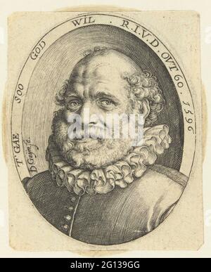 Portrait Rutgaert Jansz. at the age of 60. Bust of Rutgaert Jansz. (ca. 1536 -?), At the age of 60, to the left in oval with a peripheral (motto 't Gese soo God wants'). Jansz. Was writer and member of Rederijkerskamer De Eglentier. Stock Photo