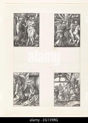Fall, Adam and Eve driven from paradise, annunciation, worship of the shepherds; The little passion. The first series of four scenes from the prents series 'De Kleine Passie', here yet failed with 4 images on 1 leaf. Top left: Eva takes the fruit of the snake. At the top right: Adam and Eve are expelled from paradise. Bottom left: The angel Gabriel announces the birth of Christ to Mary. At the bottom right: Maria, Joseph and some shepherds worship the Christ child in a ruined stable. Stock Photo