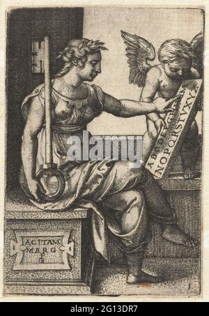 Grammar; Acitammarg; Seven liberal arts. Sitting woman as a personification of grammar, she indicates with her fingers letters on a tablet with an alphabet being held by a putto. With her other hand she holds a big key. Stock Photo