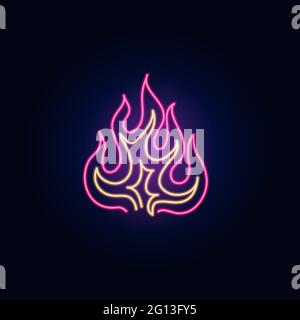 Neon Fire. Fashion sign. Night light signboard, Glowing banner. Summer emblem. Club Bar logo on dark background. Flames or blaze. Stock Vector