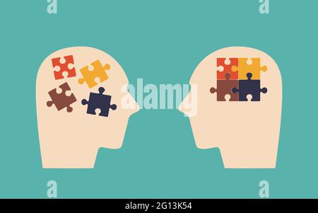Two human heads expressing mental and psychological health. Puzzle pieces as symbol of thoughts in head. Psychotherapist, before and after session of Stock Vector