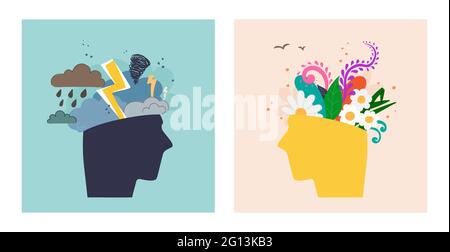 Two human heads expressing mental and psychological health. In one there is bad weather, clouds, lightning. In another, flower and plant. Before and Stock Vector