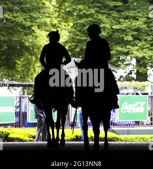 New York, USA. 04th June, 2021. Outriders head for the track on the eve of the Belmont Stakes at Belmont Park, NY. June 4, 2021 Photo by Mark Abraham/UPI Credit: UPI/Alamy Live News Stock Photo