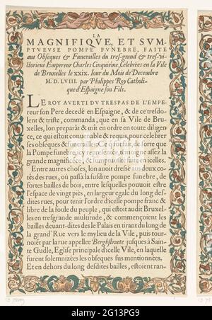 Text sheet at the funeral procession of Emperor Charles V, 1558; Funeral procession of Emperor Charles V, 1558; La Magnifique, et sumptuous Pompe funebre, Faite Aus Obseques & Funerailles du Tres-Grand & Tres-Victory Empereur Charles Cinquième, Celebrées and La Vile de Bruxelles Le XXIX. Iour du mois de decembre m.d.lviii. Par Philippes Roy Catholique d'Espaignes Son Fils .. Text sheet at the funeral procession of Emperor Charles V, 1558. Text sheet with title and description of the procession. In ornamental edges in woodcut. First leaf. Stock Photo