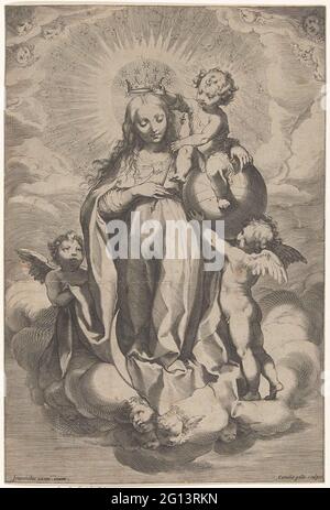 Maria coronation. The Christ child crown Maria and hands her a scepter. Christ is sitting on a globe that is worn by an angel. Maria stands on a crescent nickel, her head is surrounded by a cherub wreath. Stock Photo