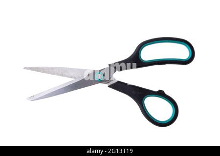 Used scissors in black with blue color on white background  Stock Photo