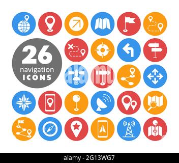 Maps, location, navigation vector white glyph icons set. Graph symbol for travel and tourism web site and apps design, logo, app, UI Stock Vector