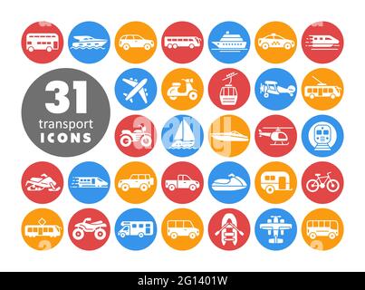 Transportation vector flat white glyph icon set. Graph symbol for travel and tourism web site and apps design, logo, app, UI Stock Vector