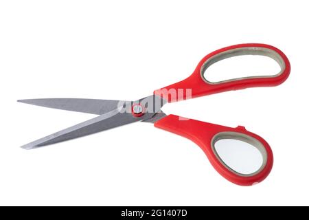 Used red scissors on white background  Stock Photo