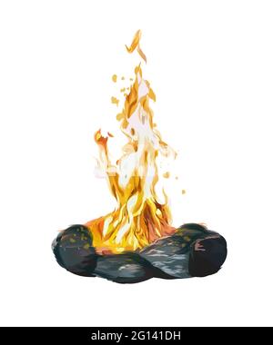 Bonfire surrounded by stones, colored drawing, realistic. Vector illustration of paints Stock Vector