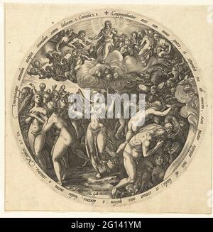 The blessed people are separated from the cursed; The final judgment. Round representation of the Archangel Michael who sends the souls from the righteous to heaven and the souls of those who have bad lived to hell. At the very top of the show Christ troning in heaven in the midst of a crash saints (including Maria) and angels. To the show Bible texts in Latin. This print is part of a series of four round prints with last judgment scenes. Stock Photo