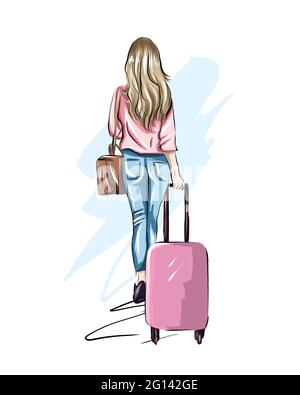 Beautiful young woman with suitcase. Stylish girl travels, colored drawing, realistic. Vector illustration of paints Stock Vector