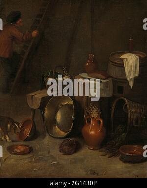 Still Life in a Stable. Still life in a stable made up of all kinds of household objects: a copper boiler, a jug with straw, baskets, earthenware pots and scales, a cabbage, a bread with a knife and a jug on a sheet on a chopping block and a new glass with a napkin a barrel. Bottom left a dog grows to its mirror image, in the background a farmer removes a ladder. Stock Photo
