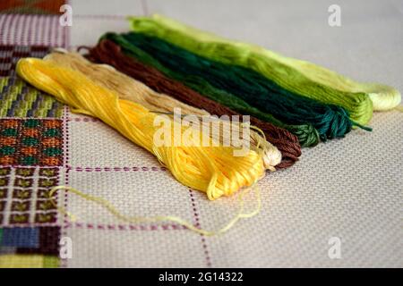 Fragment of colorful cross-stitch embroidered picture with mouline threads. Unfinished hand embroidery. Stock Photo