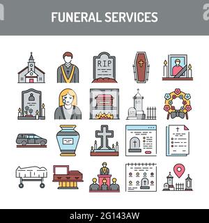 Funeral services line icons set. Isolated vector element. Outline pictograms for web page, mobile app, promo. Editable stroke. Stock Vector