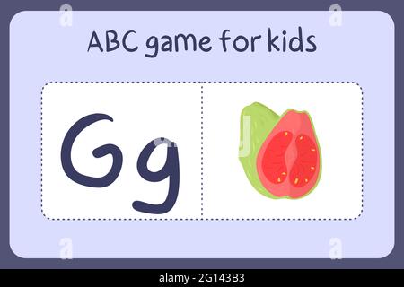 Kid alphabet mini games in cartoon style with letter G - guava. Vector illustration for game design - cut and play. Learn abc with fruit and vegetable flash cards. Stock Vector