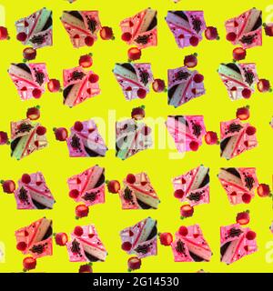 sweet pink cupcakes, strawberry cake on a yellow background. Seamless pattern.  Stock Photo