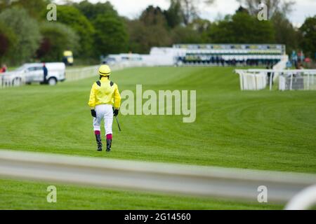 Jockey Cieren Fallon walking to the starting gates at York Racecourse. Stock Photo