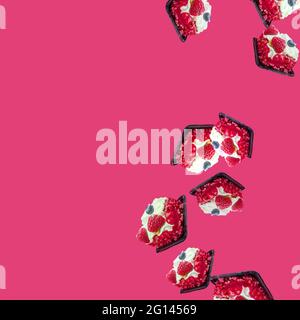 cakes fall from top to bottom on the right on the pink.Summer sweet flat flay  Stock Photo