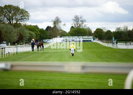 Jockey Cieren Fallon walking to the starting gates at York Racecourse. Stock Photo