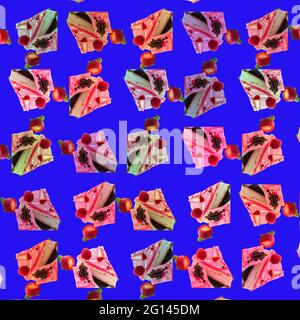 sweet pink cakes with strawberries on a blue background. pattern. Decorative print. Photo Stock Photo