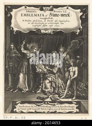 Title page for Emblemata or Zinne-Werck from Johannes de Brune; Emblemata or Zinne-Werck: pre-gathering. Four women in a dark room accompanied by Amor who lit the room with a torch. One of the women is attributable to a desk, another looks over her shoulder. The third woman with a bright wreath around her head and wings, in her hand a book and a horse cream, says the seated woman excited. The fourth woman, with a palm branch and a scale, is in turn waiting. Stock Photo