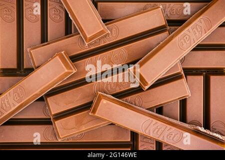 Tambov, Russian Federation - March 19, 2021 KitKat 4 finger milk chocolate bars. Full frame. Stock Photo