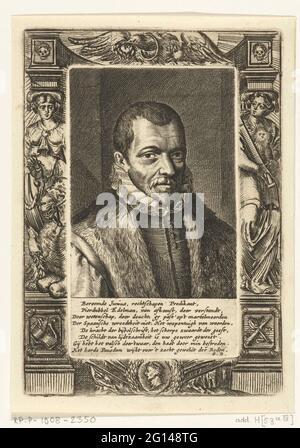 Portrait of Franciscus Junius (I). Printed from two plates. Bust of Franciscus Junius, with a poem by eight rules in Dutch by Geeraert Brandt. Frame with allegorical figures and symbols. Stock Photo