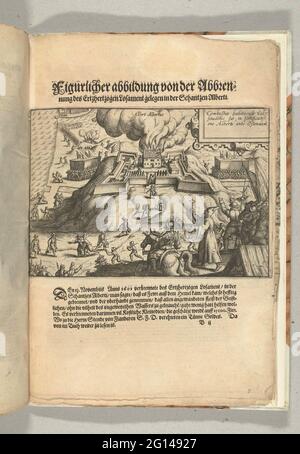 Siege in Ostend: Fire in Fort Albertus on November 13, 1601; Figurlicher Abbildung von der Abbrennung des Ertzhertzogen Lostament located in der Schantzen Alberti. Burning the host of the Aartshertog Albrecht located in Fort Albertus, November 13, 1601. In the foreground removal among the soldiers and with a spiritual with a crucifix. At the top right a cartouche with inscription in Latin. Above the print the title, at the bottom of a description of the events, in German. Part of the illustrations at a journal of the siege of Ostend 161-1604. Stock Photo