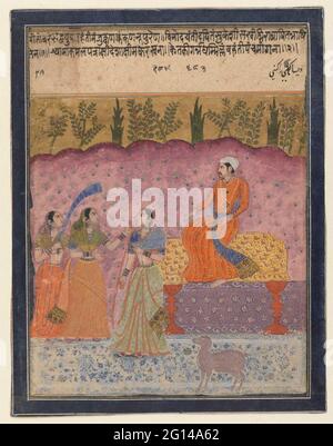 Desakshari Ragini. In a hilly pink landscape there is a frost on a tabouret, left for him is a young woman, two women opposite her, one with hands raised under the chin of the young woman, right in the foreground a dog, in the background bushes Trees in stylized form, above a few rules text. Around the show a night blue border with white frame lines; Leaf is stuck on cardboard. Stock Photo