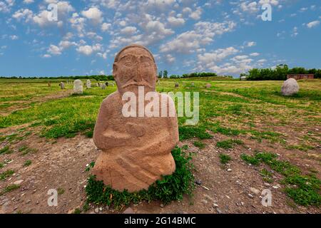 Ancient site of Burana and tombstones known as balbas in Kyrgyzstan. Stock Photo