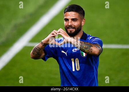 Bologna, Italy. 04 June 2021. Lorenzo Insigne of Italy celebrates after scoring a goal during the international friendly match between Italy and Czech Republic. Credit: Nicolò Campo/Alamy Live News Stock Photo