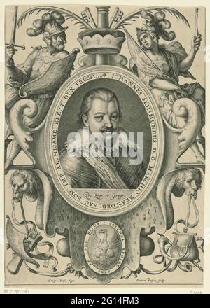 Portrait of Johann Sigismund, Keurvorst van Brandenburg; Emperor Matthias and Keurvorsten of the Holy Roman Empire. Portrait of Johann Sigismund, Keurvorst van Brandenburg, there are devies in Latin. The portrait is caught in an ornamental frame with allegorical figures, the coat of arms of the portrayed and a marshage with the name and function of the portrayed in Latin. Print from a series with Emperor Matthias and Keurvorsten from the Holy Roman Empire. Stock Photo