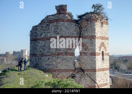 Fatih,Istanbul/Turkey - 02-04-2017:The ruined view of the historic Byzantine city walls Stock Photo