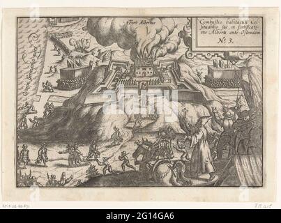 Siege in Ostend: Fire in Fort Albertus on November 13, 1601; Combustio Habitaculi cell. Situdinis Sue, in Fortificatione Alberti Ante Ostendam. Siege in Ostend: burning the host of the Aartshertog Albrecht located in Fort Albertus, November 13, 1601. In the foreground removal among the soldiers and with a spiritual with a crucifix. At the top right a cartouche with inscription in Latin. At the top right numbered: 3. Stock Photo