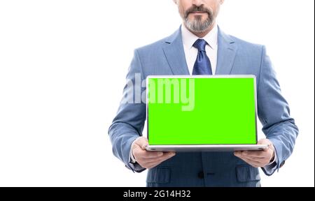 cropped business man presenting laptop for copy space isolated on white copy space, business webinar Stock Photo