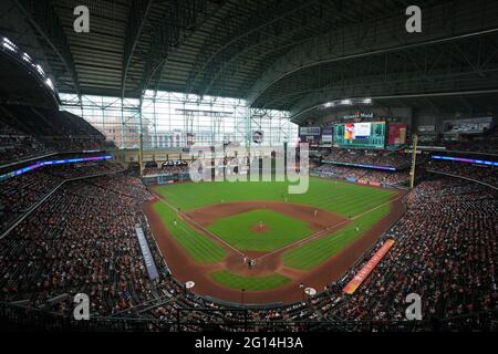 An aerial view of Minute Maid Park and the downtown skyline, Sunday, May  30, 2021, in Houston. The stadium is the home of the Houston Astros Stock  Photo - Alamy