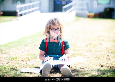 back to school. teen child study outdoor. happy childhood. nerd in glasses. Stock Photo