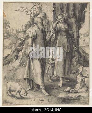 Abraham sends Hagar away. Abraham gently pushes Hagar's arm. Ishmael behind her with apple in his hand. In addition to Abraham a dog. Stock Photo