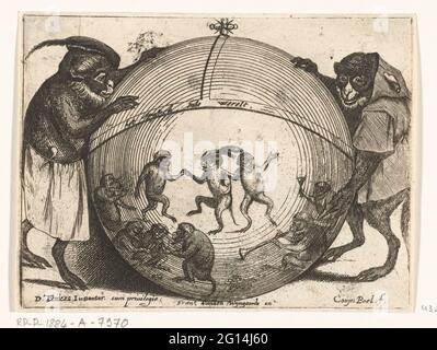 Two monkeys hold a globe; the apespel in the world; Different companies from human life suggested by monkeys. Two monkeys hold a globe. Festive monkeys are shown on the globe. Title Print from a series of six prints and a title print in which various human activities are proposed by monkeys. Stock Photo
