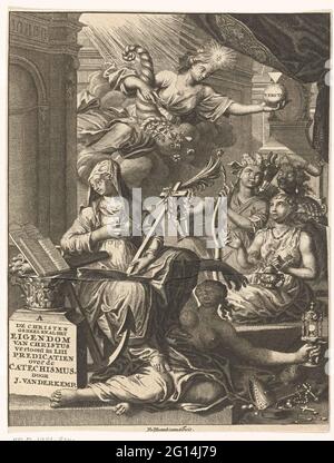 Allegory with female personifications of, among other things, the truth and possibly virtues and vices; Title page for: Johannes van der Kemp, the Christian wholly and all the ownership of Christ in life and die, in three newspaper predictions about Den Heidelbergschen Katechismus, Rotterdam; The Christian entirely (...) about the catechism. Allegory with female personifications and possibly struggle between virtues and vices. The personification of the truth is on a cloud with a cornucopia and globe with the word veritas in her hands. A sitting woman with a cross and anchor when attributes ki Stock Photo