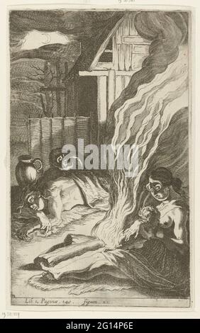 Germanic night scene. Mother with child on the chest next to a campfire. Two men lie on the ground for a wooden house. A sickle-shaped moon is visible on the horizon. Stock Photo