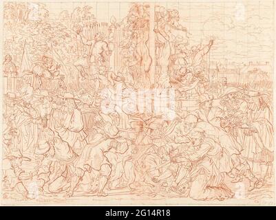 Mutation of the bodies of the De Witt brothers, 1672. The mutilation of the bodies of the Johan and Cornelis de Witt brothers, 20 August 1672. In the foreground parts of the body are torn and sold. Design for a print. Stock Photo