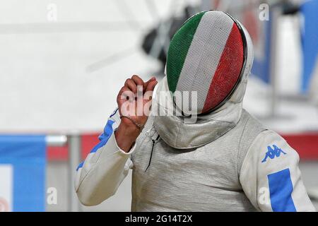 Napoli, Italy. 04th June, 2021. Andrea Baldini Italian fencer, athlete of the sports center of the Air Force, during the Italian championships fencing 2021, played at the Palavesuvio in Naples (NA). Naples, Italy, June 04, 2021. (photo by Vincenzo Izzo/Sipa USA) Credit: Sipa USA/Alamy Live News Stock Photo