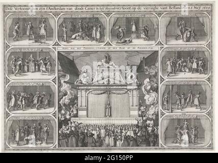 Play on the dam at the celebration of the twelve-year-old file, on May 5, 1609; Dese display hen his t'Amsterdam (van d'Oude Camer in love blooming) shows on the celebration of Vang file, Den 5 Mey 1609. Implementation of a scenic scenes written by P.C. Hooft through the Amsterdam Rederijkerskamer de Eglentier on Dam Square at the celebration of the twelve-year-old file on May 5, 1609. In the middle a big representation of the stage with decor and public. Negen nine smaller scenes derived from the history of Lucretia, Tarquinius and Brutus, each with a two-way. The last show shows the freedom Stock Photo