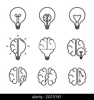 Creative Idea, Brainstone Line Icon Collection Set. Brain in lightbulb, brain and artificial intelligence education logo. Vector Illustration. EPS10 Stock Vector