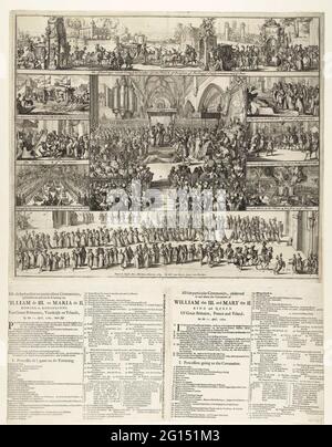 Procedures and ceremonies surrounding the coronation of Willem and Maria to King and Queen of England, 1689; All the bysoon and private ceremonia, happened in and about the Krooning of William de III. and Maria de II. King and Queen of Great Britain, Vrankrijk and Yrlandt, on April 11, 1689. Old style.; All The Particular Ceremonies, Observed in and About The Coronation of William The III. And Mary The II. King and Queen of Great Brittaine, France and Yrland, on the11 of Aprill, 1689. Overview in one large and eight smaller scenes of procedures and ceremonies around the coronation of Willem an Stock Photo