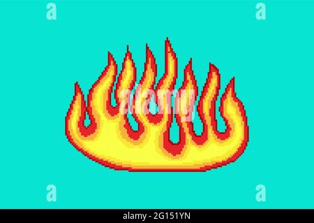 Pixel fire. Art 8 bit fire objects. Game icons set. Comic boom flame effects. Bang burst explode flash dynamite with smoke. Digital icons. Stock Vector